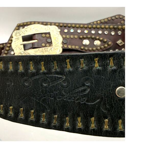 Jose Luis German Silver Buckle Brass & Rhinestone Studded Leather Western Belt main image 11